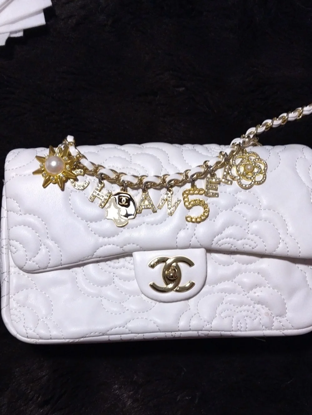 CHANEL White Quilted Camellia Charm Shoulder Bag with Gold Accents